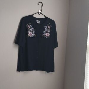 Bon Worth Sweater Women XL Navy Floral Embroidery Cottagecore Versatile Elegant